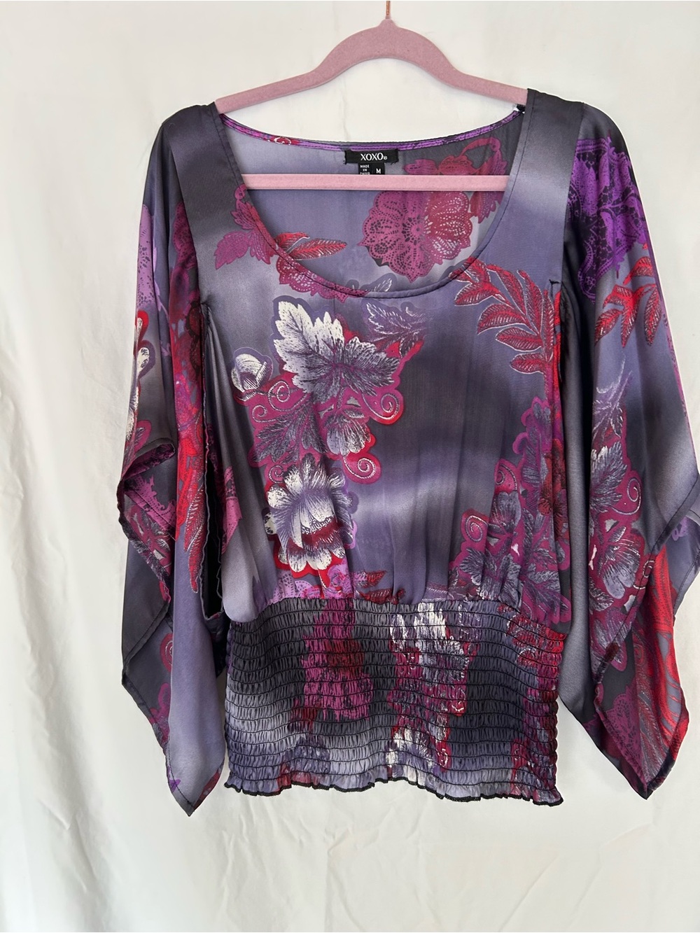 XOXO Floral Satin-Look Kimono Sleeve Smocked Waist Blouse Size M
